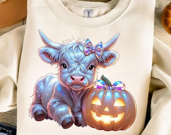 May include: A cream-coloured sweatshirt with a cartoon illustration of a Highland cow and a jack-o'-lantern. The cow is light blue with a holographic bow. The pumpkin has a smiling face. Text at the bottom reads "we design you create."
