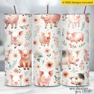 May include: A set of three pink and white stainless steel tumblers with a floral pattern and cartoon pig illustrations. The tumblers are 20 ounces each.