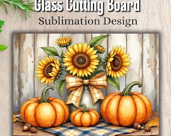 May include: Glass cutting board with a sublimation design featuring sunflowers and pumpkins. The image includes a vase with sunflowers, three orange pumpkins, and a blue and white plaid cloth. The text "4 FREE Designs Included!" is in the top right corner.