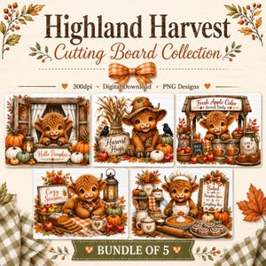 Peut inclure: Un ensemble de téléchargement numérique de cinq motifs de planches à découper Highland Harvest illustrant des vaches Highland, des citrouilles, des feuilles d'automne et des textes comme Hello Pumpkin, Harvest Hugs et Baked with Pumpkin Spice.
