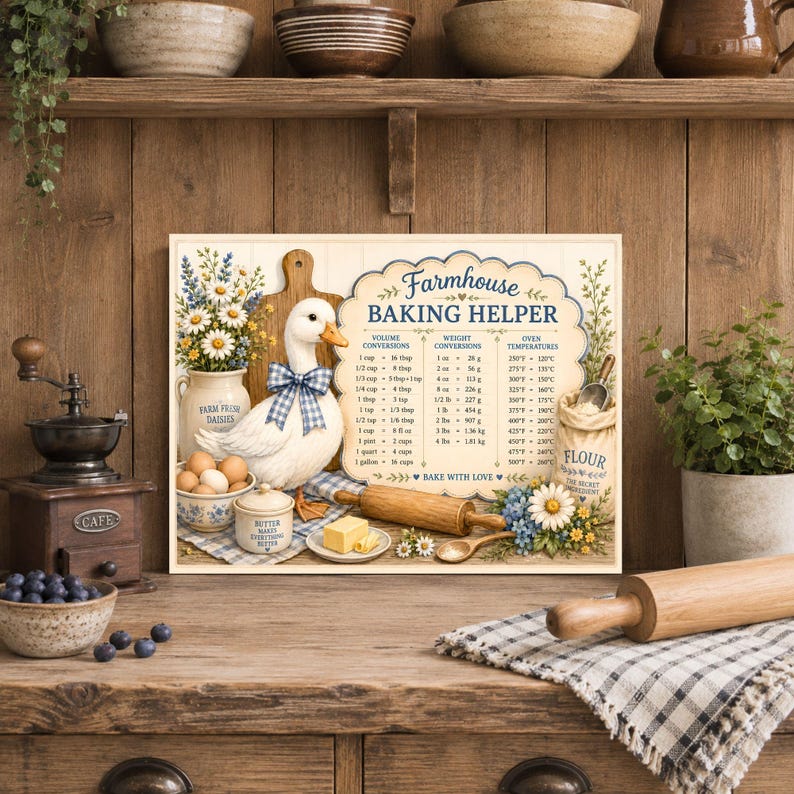 May include: A rectangular wall sign titled Farmhouse Baking Helper featuring a white duck with a blue gingham bow, a wooden cutting board, a rolling pin, and a conversion chart for volume, weight, and oven temperatures in Fahrenheit and Celsius.