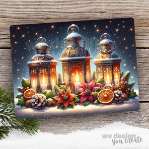 May include: Three ornate metal lanterns with candles inside, surrounded by poinsettia flowers, pine cones, and berries. The lanterns are covered in snow and the background is a dark blue with stars.