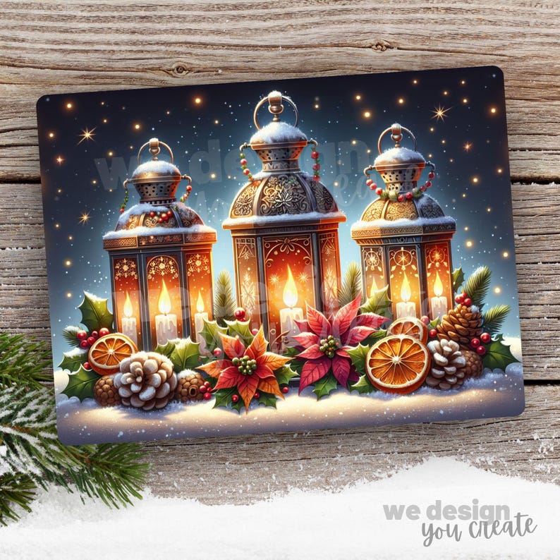 May include: Three ornate metal lanterns with candles inside, surrounded by poinsettia flowers, pine cones, and berries. The lanterns are covered in snow and the background is a dark blue with stars.