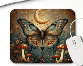 Dark Mystical Butterfly Mouse Pad Sublimation Design, Night Moth Design PNG, Crescent Moon, Stars and Mushrooms Sublimation Digital Download