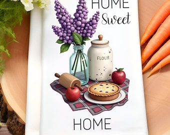 Diseño de sublimación de toalla de cocina "Hogar, dulce hogar", toalla de cocina PNG, toalla de cocina con decoración rústica, lilas PNG, toalla de cocina rústica