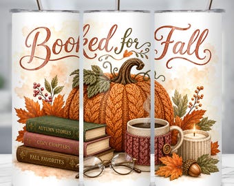 Adesivo per bicchiere termico "Booked for Fall" in formato PNG, design per sublimazione su bicchiere termico sottile da 20 once, download digitale per amanti dei libri in autunno.