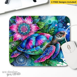 May include: A colorful mousepad featuring a detailed illustration of a sea turtle swimming through a vibrant underwater scene with pink and blue flowers. The background is a watercolor wash of blue and green.