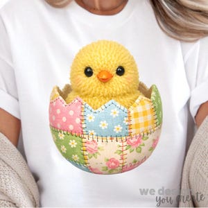 Easter Chick in Patchwork Egg, Faux Yarn Chick PNG, Patchwork Easter PNG, Patchwork Chick Sublimation Design, Spring Graphic, Preppy Easter