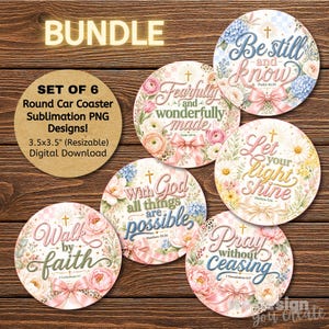 Christian Car Coaster Sublimation PNG Bundle, 6 Bible Verse Designs, Floral Religious Coaster Templates, Floral Faith Designs, Scripture PNG