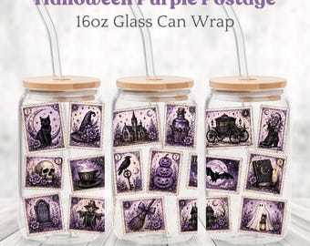 Halloween Postage Stamp Glass Can Wrap PNG, Purple Gothic 16oz Can Design, Vintage Spooky Sublimation, Digital Download