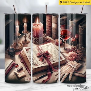 Gothic-romantische beker png, donkere academische wereld, 20oz rechte beker sublimatieontwerp, boek en kaars, gothic-fantasie-boekbeker png-ontwerp