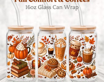 Fall Coffee Glass Can Wrap PNG,  Autumn 16oz Can Design, Pumpkin Spice Coffee Sublimation, Cozy Fall Digital Download