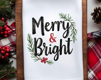 Merry & Bright Kitchen Towel Sublimation PNG, Christmas Holiday Design, Christmas Kitchen Tea Towel, Christmas Hand Towel, Dish Towel PNG
