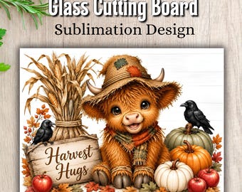 Tagliere con mucca delle Highlands in formato PNG, design autunnale per sublimazione, simpatico spaventapasseri delle Highlands da scaricare digitalmente