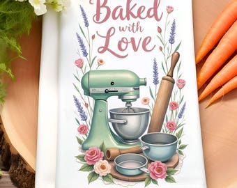 Diseño de sublimación de toalla de cocina "Horneado con amor", toalla de cocina PNG, toalla de cocina, decoración rústica, regalo para amantes de la repostería, decoración de cocina PNG