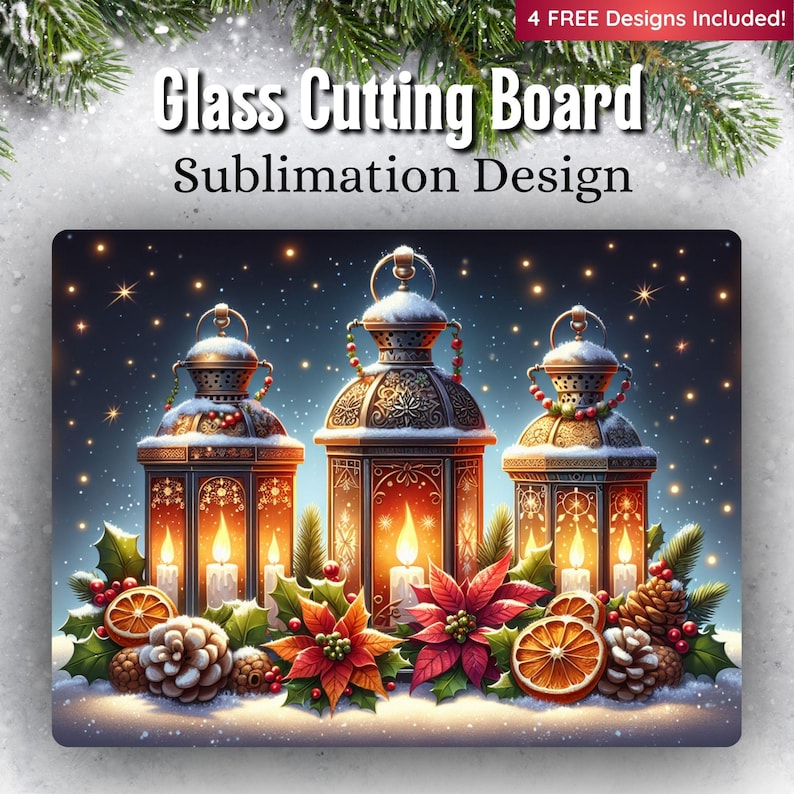 May include: Three ornate, gold-coloured lanterns with lit candles inside, surrounded by red poinsettia flowers, green holly, and pine cones on a snowy background. The lanterns have a snowy white top and are decorated with red berries. The background is a dark blue with white stars.
