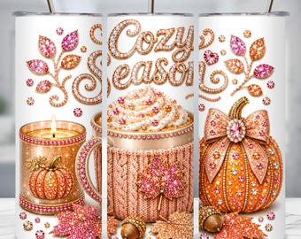 Adesivo per bicchiere termico "Cozy Season", adesivo per bicchiere termico "Pumpkin Spice" in formato PNG, bicchiere termico rosa autunnale, design a sublimazione sottile da 20 oz, download digitale.