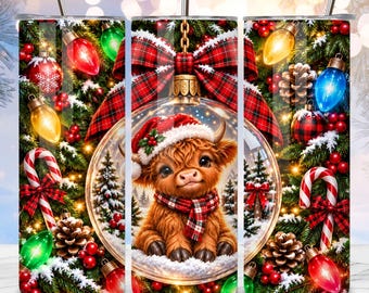 Highland Cow Christmas Tumbler Wrap, Highland Cow Ornament Sublimation, Cute Cow 20oz Tumbler, Christmas Lights Wrap, Holiday Cow PNG