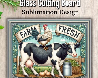 Glass Cutting Board Sublimation Design, Farm Fresh Cutting Board PNG Design, Cute Cow PNG, Chicken PNG, Rooster Farm Animal Instant Download