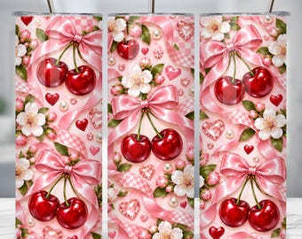 Coquette Cherry Tumbler Wrap PNG, Pink Bow Sublimation Design, Girly Cherry Design, Floral Cherry Wrap Digital Download