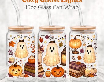 Cozy Ghost Lights Glass Can Wrap PNG, Halloween 16oz Can Design, Ghost Lantern Pumpkin Sublimation, Cute Fall Digital Download