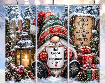 Christmas Gnome Tumbler Wrap PNG, Hot Cocoa Christmas Cheer, Cozy Winter 20oz Tumbler, Gnome Sublimation, Holiday Tumbler Wrap