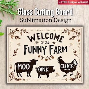 Glas-Schneidebrett Sublimationsdesign, Bauernhof-Schneidebrett PNG, Kuh Schwein Huhn PNG, Willkommen zum Lustigen Bauernhof-Tier-Silhouetten PNG