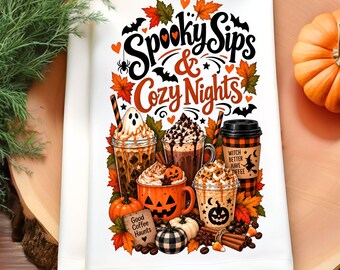 Halloween Kitchen Towel PNG, Spooky Sips & Cozy Nights, Fall Coffee Sublimation, Pumpkin Spice Towel Design, Autumn Coffee PNG