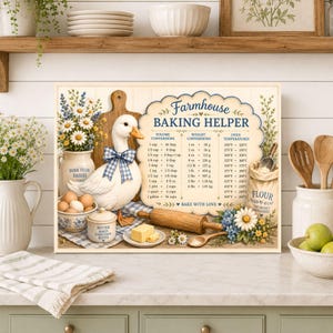 May include: A rectangular wall sign titled Farmhouse Baking Helper featuring a white duck with a blue gingham bow, a bowl of eggs, a butter dish, a rolling pin, and a flour sack. The sign displays volume, weight, and oven temperature conversion charts.