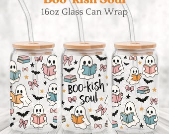 Halloween 16oz Glass Can Wrap PNG, Ghost Sublimation Design, Spooky Season Wrap, Digital Download