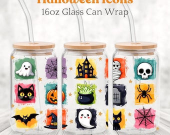 Halloween 16oz Glasdosenverpackung PNG, Gruselige Saison Libbey Cup Sublimationsdesign, Geisterkürbis Herbst Digitaler Download