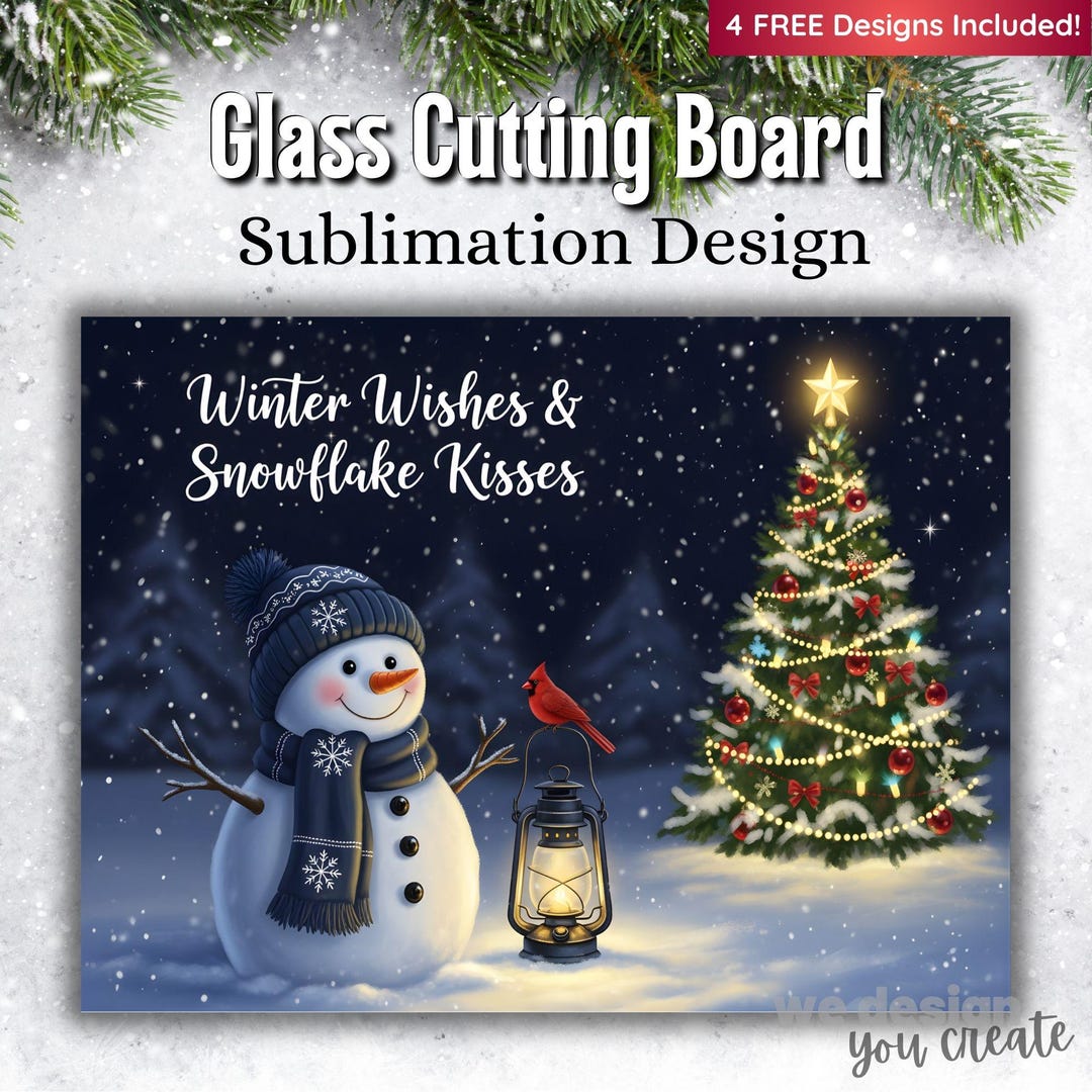 Snowman Glass Cutting Board Sublimation PNG, Winter Wishes & Snowflake ...