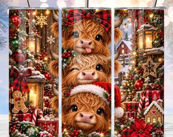 Christmas Highland Cow Tumbler Wrap PNG, Cute Cow Christmas Sublimation, Festive Cow Holiday Wrap, Funny Christmas Cow Wrap
