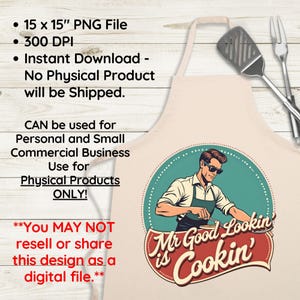 Peut inclure: Un tablier beige avec une illustration r&eacute;tro d'un homme portant des lunettes de soleil et un chapeau de chef, tenant une spatule et une assiette. Le texte "Mr Good Lookin' is Cookin'" est dans un cercle rouge et blanc sur le tablier.