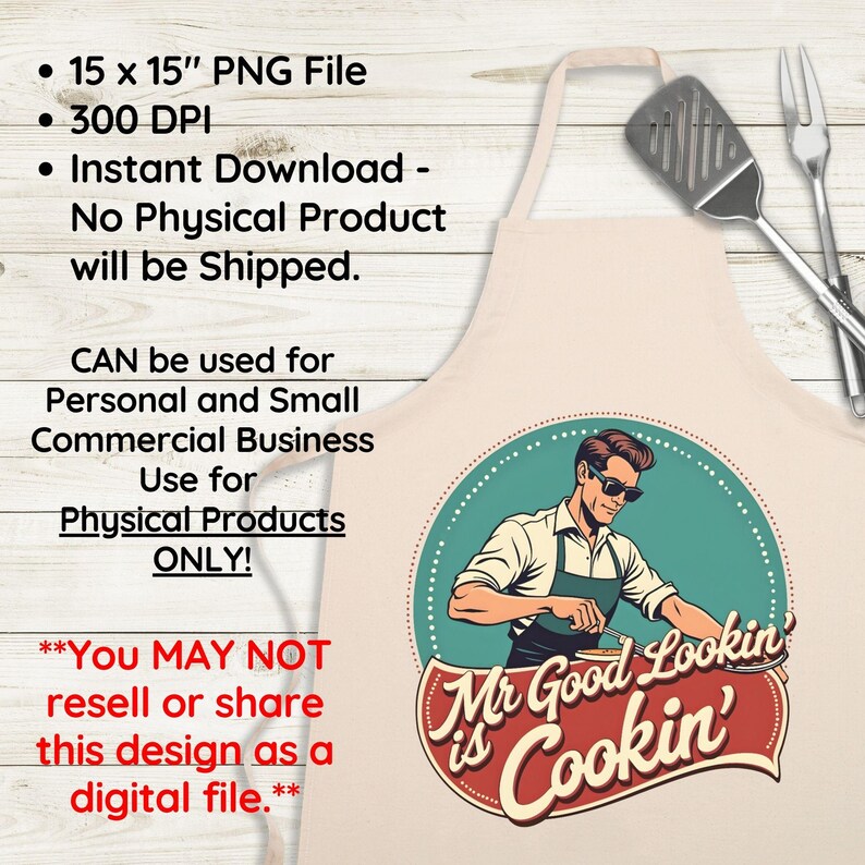 Peut inclure: Un tablier beige avec une illustration r&eacute;tro d'un homme portant des lunettes de soleil et un chapeau de chef, tenant une spatule et une assiette. Le texte "Mr Good Lookin' is Cookin'" est dans un cercle rouge et blanc sur le tablier.