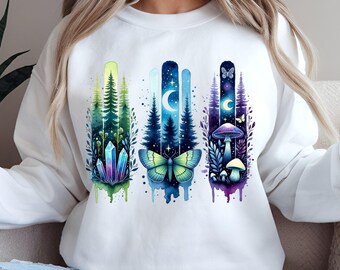 Mystical PNG Sublimation Design Brushstrokes PNG, Celestial PNG Design Instant Download, Mushroom Crystals Moth Design, Magical Forest Night
