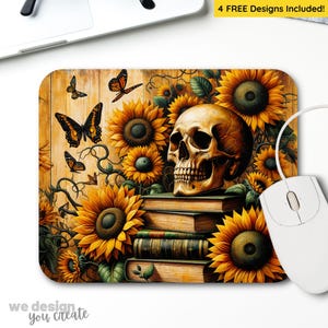 May include: A skull resting on a stack of books surrounded by sunflowers and butterflies. The background is a wooden texture.
