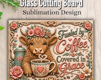 Highland Cow Cutting Board PNG, Fueled by Coffee Sublimation, 3D Faux Wood Design, Christian Kitchen Sublimation, Cow Digital Download