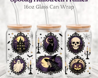 Spooky Halloween Frames Glass Can Wrap PNG, Gothic 16oz Libbey Can Design, Witch Black Cat Skull Ghost Sublimation, Digital Download