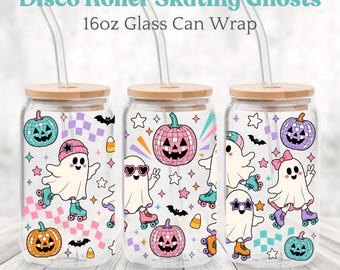 Disco Roller Skating Ghosts Glass Can Wrap PNG, Retro Halloween 16oz Can Design, Cute Ghost Sublimation, Digital Download