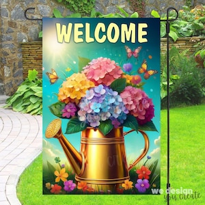 Welcome Garden Flag PNG, Floral Sublimation Design, Watering Can PNG, Porch Decor, Digital Download, 12x18 Garden Flag Design, Yard Flag PNG