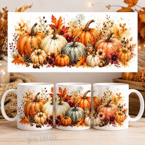 May include: Three white ceramic mugs featuring a watercolor illustration of orange, white, and blue-grey pumpkins, autumn leaves, berries, and a small squirrel. The design wraps around each mug, showcasing a harvest theme with warm fall colors.