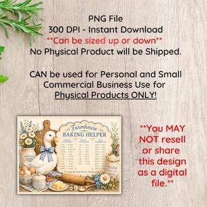 May include: A digital graphic design featuring a white duck with a blue checkered bow, a farmhouse baking helper conversion chart, a wooden rolling pin, a flour sack, and daisies. The text reads Farmhouse Baking Helper and Bake With Love.