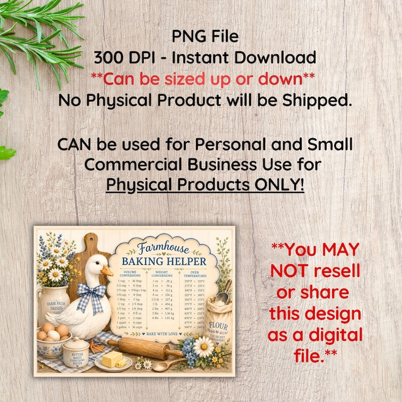 May include: A digital graphic design featuring a white duck with a blue checkered bow, a farmhouse baking helper conversion chart, a wooden rolling pin, a flour sack, and daisies. The text reads Farmhouse Baking Helper and Bake With Love.