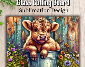 Glass Cutting Board Sublimation Design, Highland Cow Cutting Board PNG, Baby Highland PNG, Farmhouse Decor, Baby Cow PNG Instant Download