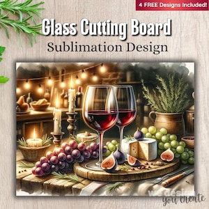 May include: Glass cutting board with a sublimation design. The image features two wine glasses filled with red wine, grapes, figs, and cheese on a wooden cutting board. Lit candles and string lights create a warm ambiance.