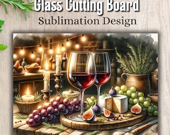 Wine & Cheese Cutting Board PNG, Glass Sublimation Design, Foodie Gift, Kitchen Decor Digital Download, Elegant Chopping Board PNG, Wine PNG