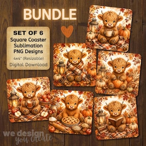 Pode incluir: Um conjunto de 6 designs PNG de sublimação para porta-copos quadrados com ilustrações de bezerros Highland em cenários de outono com abóboras, lanternas e folhas. O texto inclui BUNDLE, SET OF 6, Square Coaster Sublimation PNG Designs, 4x4 (Resizable), Digital Download.
