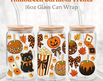 Halloween Carnival Treats 16oz Glass Can Wrap, Candy Apple & Popcorn Sublimation Design PNG, Fall Digital Download