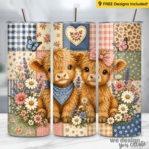 May include: A stainless steel tumbler featuring a patchwork design with floral and cow illustrations. The tumbler has a straw and is decorated with a blue butterfly, a heart with roses, and the text "9 FREE Designs Included!" and "we design you create".